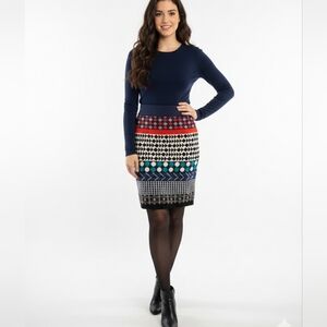 Anthropologie Yumi Geometric vibrant Knit pensil skirt blue black white large